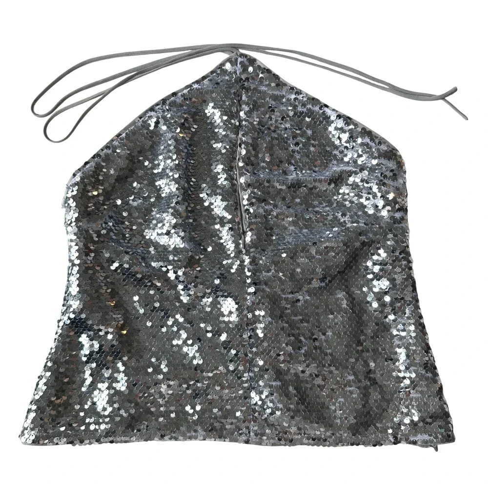Reformation Tula Top Silver Sequin Halter Top Open Back 0 - Picture 3 of 8
